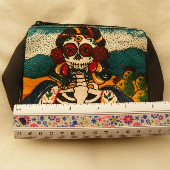 DIA DE LOS MUERTOS Sm bag, 4.75x 4.5x 2.5 Frida, Canvas, Zipper, - Picture 2 of 7